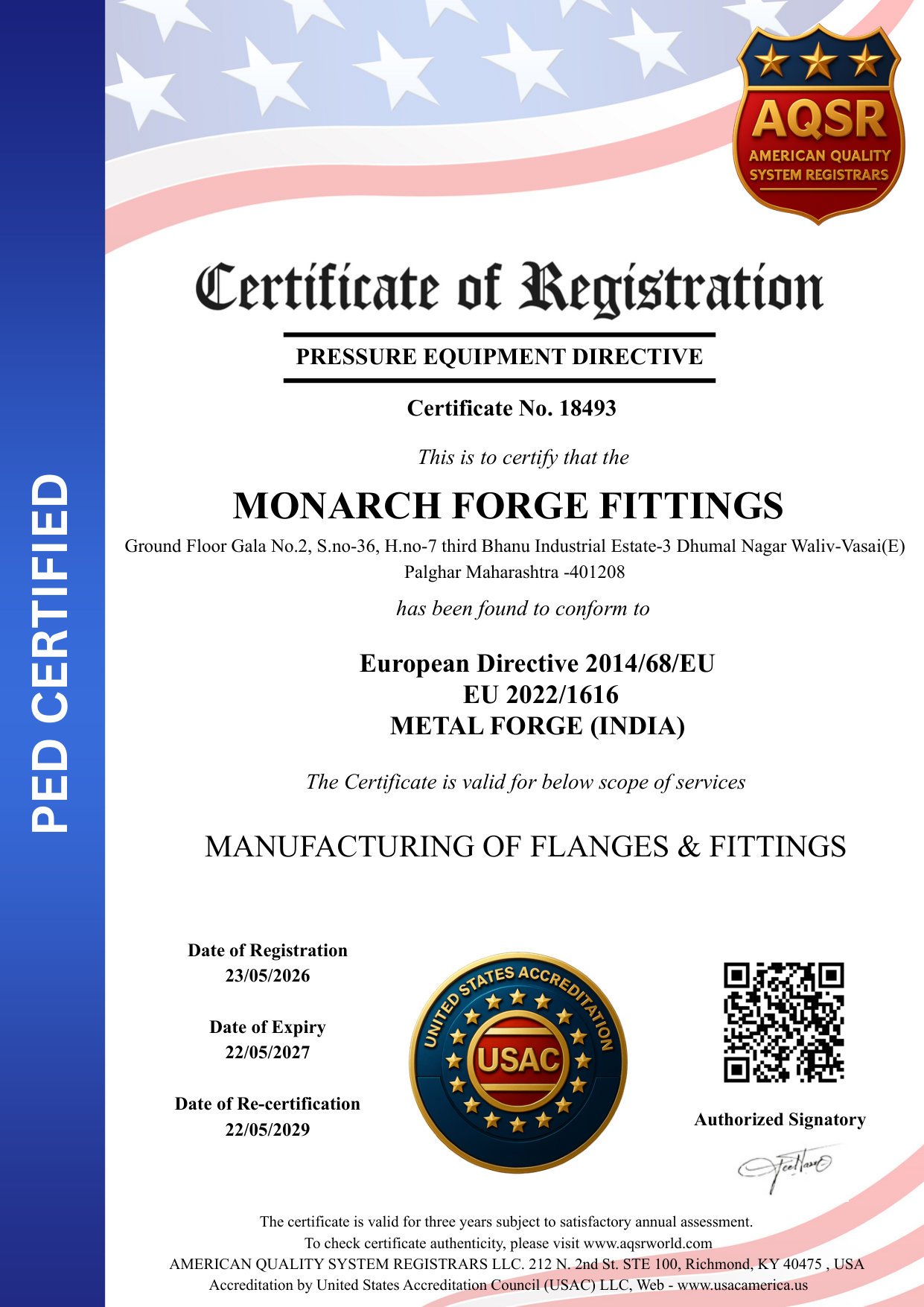 PED Certified - European Pressure Equipment Directive 2014/68/EU
